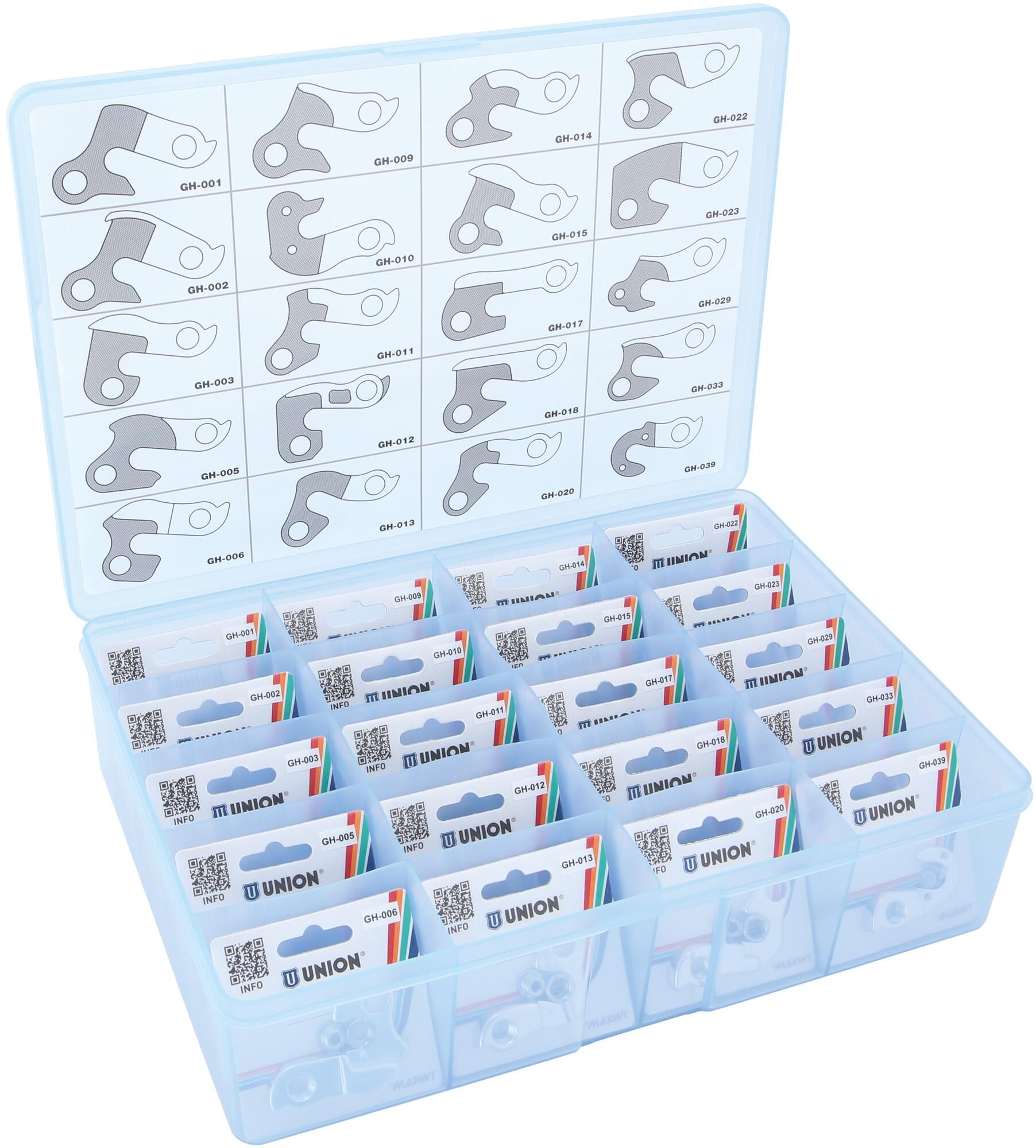 Union Assortiment de plaquettes de dérailleur 'top20' (une plaquette de chaque modèle dans une boîte de rangement)