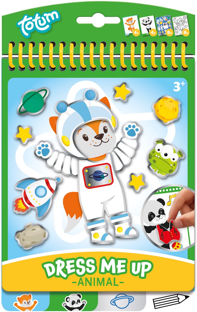 Totum dress me up sticker aankleed- en kleurboekje vakantieboekje dieren 24 delig - speelgoed junior vanaf 3 jaar stickeren en kleuren - panda en vosje
