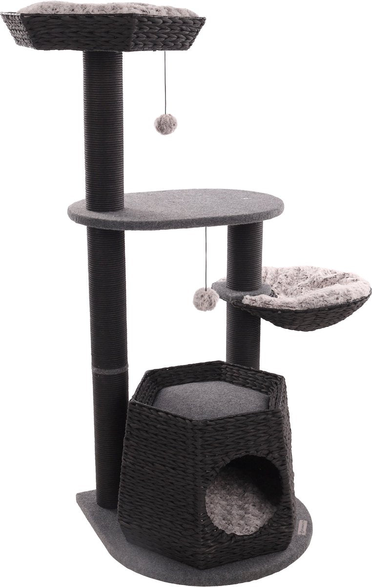 Flamingo krabpaal – berliot zwart – 90 × 65 × 118 cm – papieren krabtouw – met hangmat, ligplateaus schuilplaats – voor katten