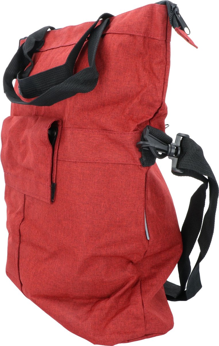 Dresco enkele fietstas rood – 18 liter – ook als shopper of schoudertas te gebruiken - extra voorvak - spatwaterdicht polyester – twee bevestigingshaken - verstelbare schouderriem - verstevigde bodem - reflecterende accenten - afmeting 49x45x18cm