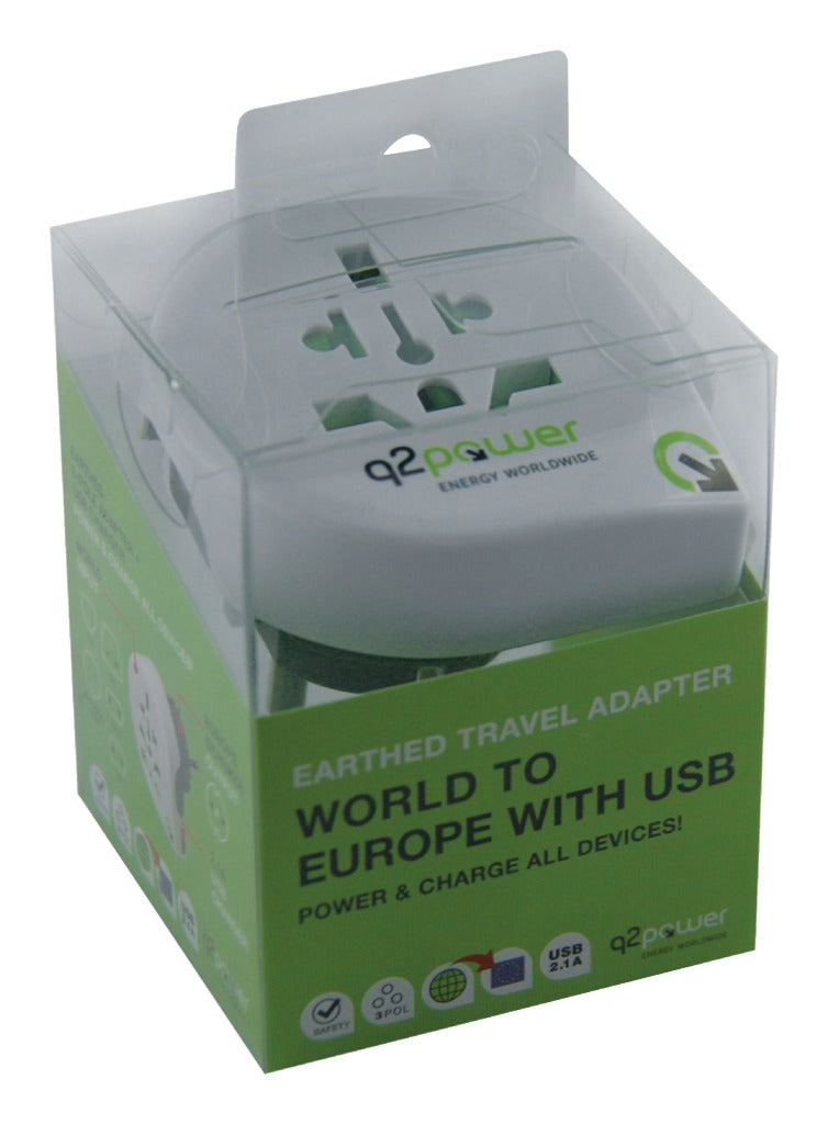 Q2 power 1.100110 reisadapter wereld-naar-europa usb-geaard