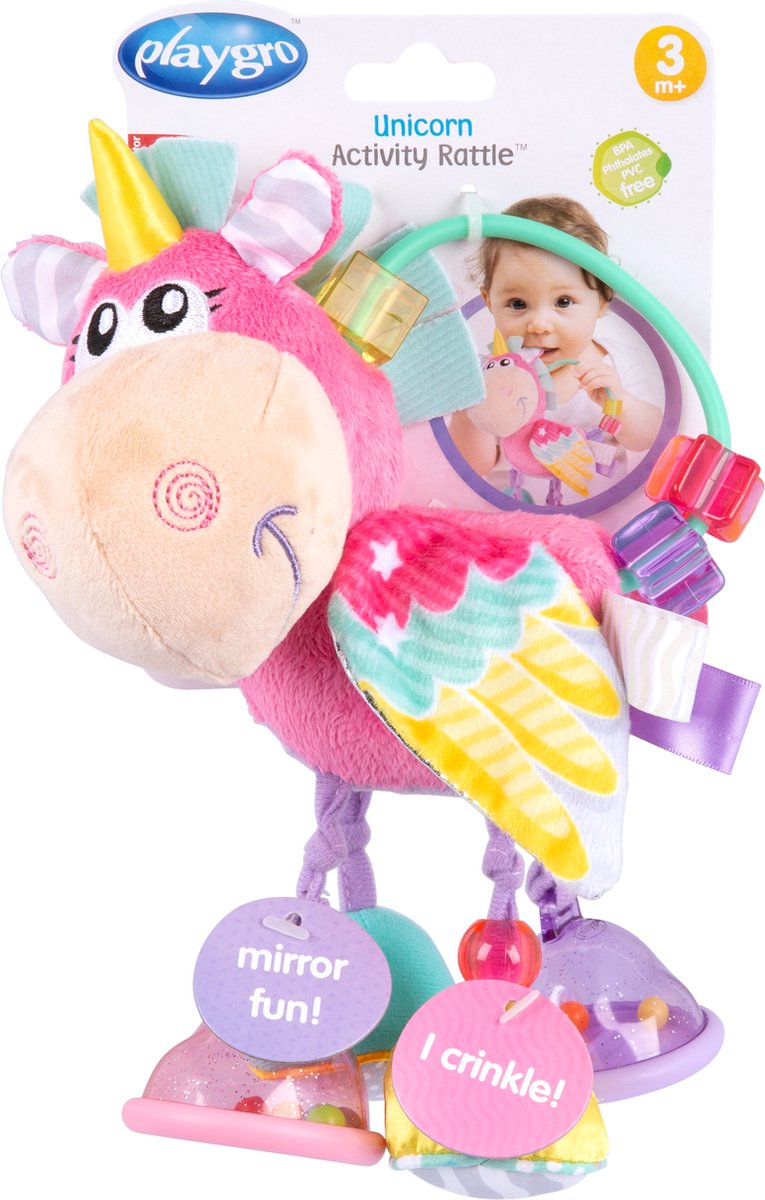 Playgro clip clop rammelaar unicorn eenhoorn roze - activiteitenspeeltje - rammelaar - kraamkado - baby speelgoed - babyspeeltje - kinderwagenaccessoire - knuffeldier - baby rammelaar - bijtspeelgoed - grijpspeelgoed - baby