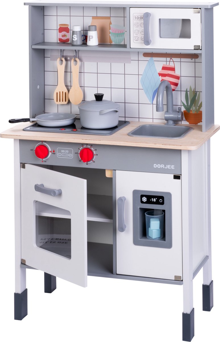 Dorjee wooden play kitchen - complete children's kitchen with accessories - oven, microwave, refrigerator - including pans, spatulas, ice machine - children's play, imaginative play -