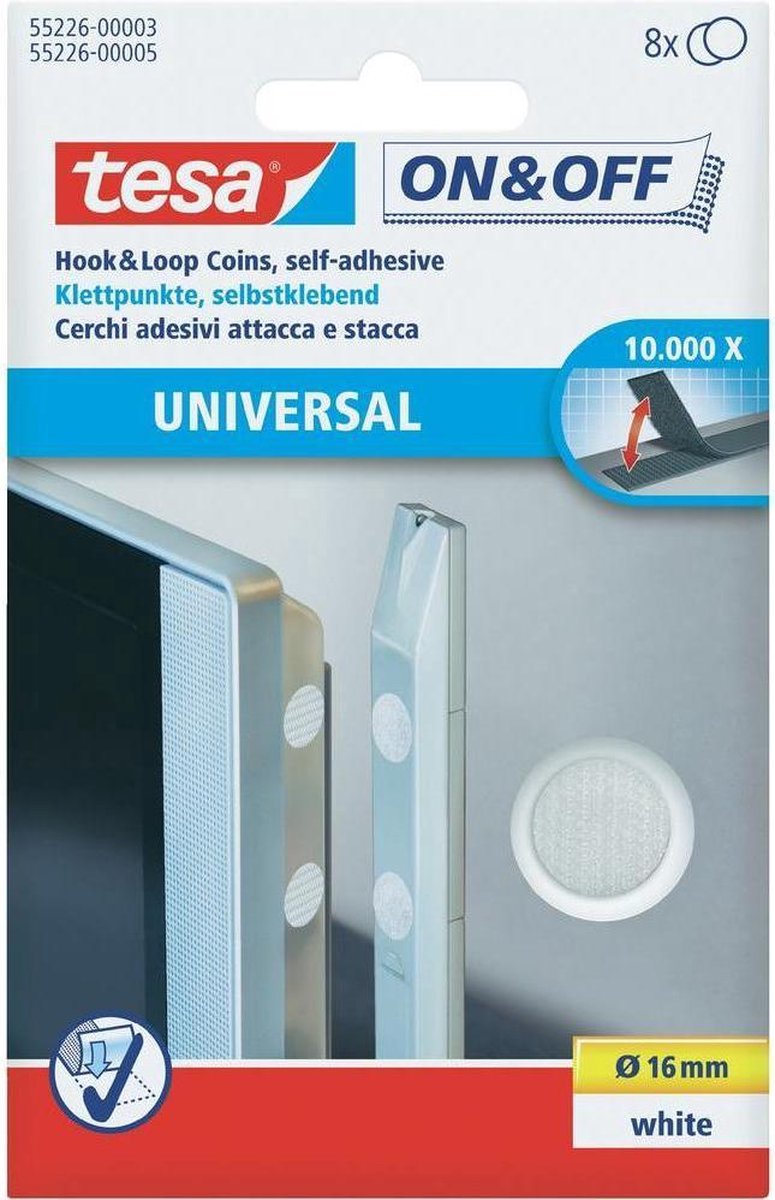 Tesa on off 55226-03-00 klittenband punten om vast te plakken haak- en lusdeel (ø) 16 mm wit 8 paar