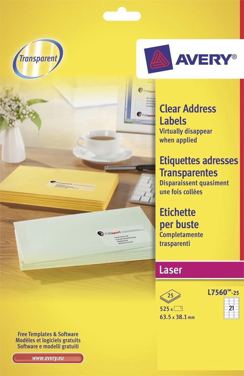 Avery transparante etiketten quickpeel formaat 635 x 381 mm (b x h) 525 stuks 21 per blad