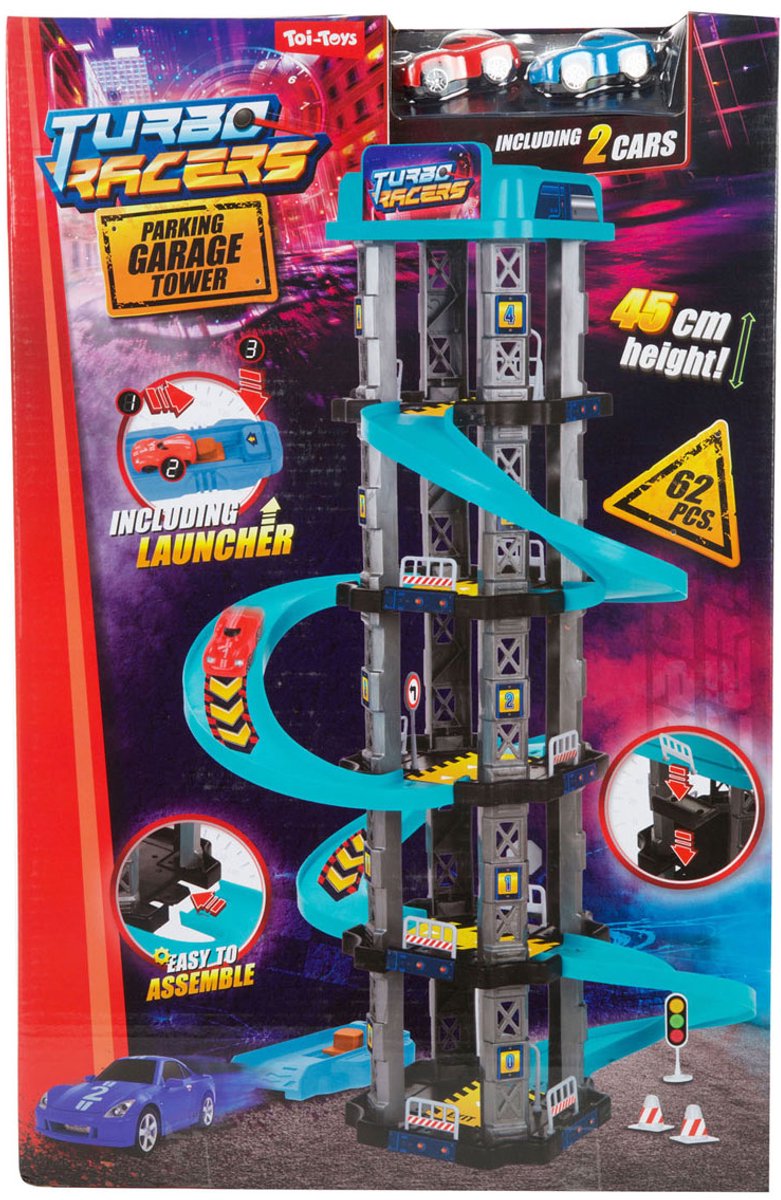Toi-toys parkeergarage speelgoedtoren turbo racers met spiraalbaan.