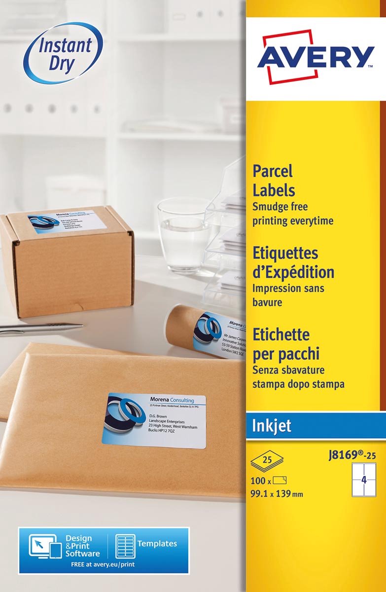 Avery huismerk j8169-25 inkjet printer etiket 99,1x139mm
