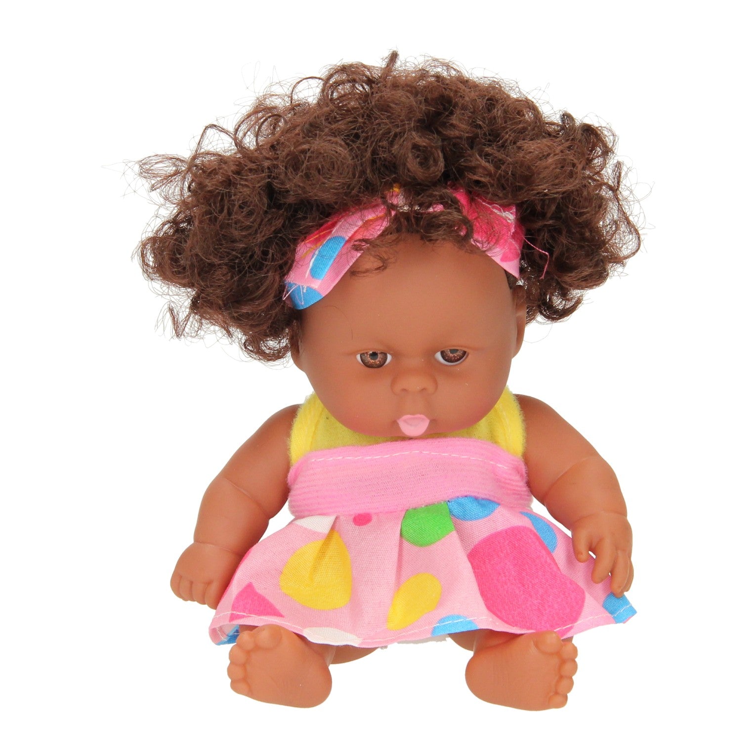 Babypop krullen met jurk, 22cm