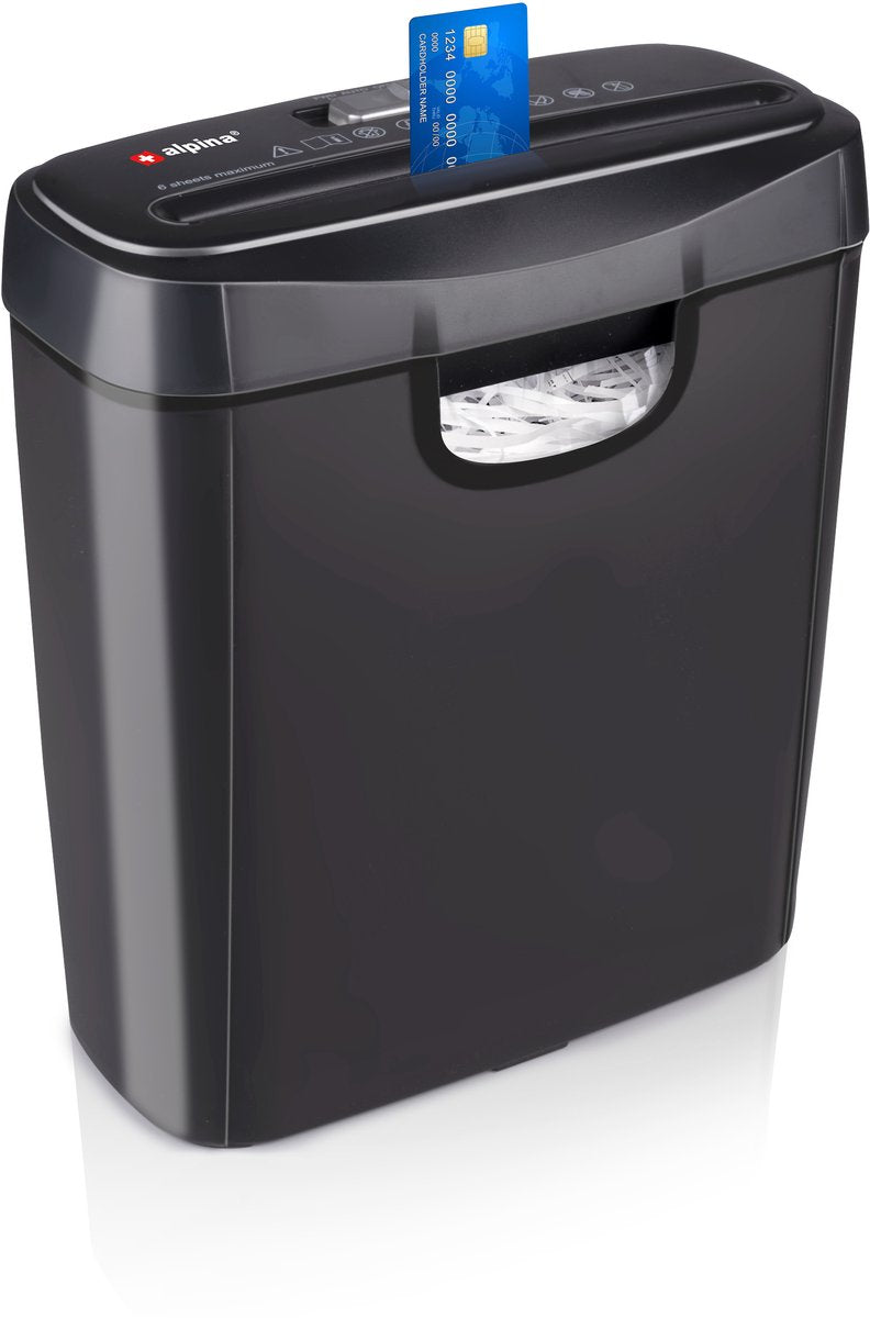 Alpina papierversnipperaar – papiervernietiger voor thuis en kantoor – shredder vernietigt creditcard - versnipper 6 a4 vellen in 1 keer – 10l bak – 190w vermogen – zwart