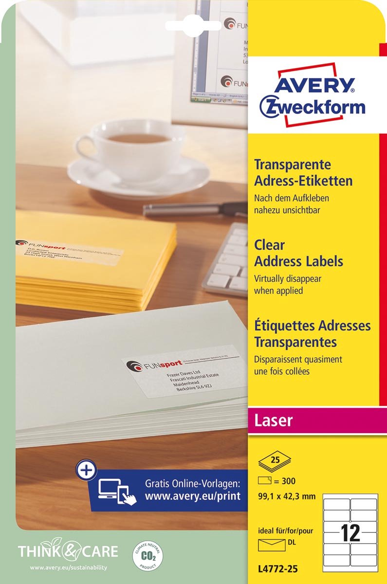 Avery transparante etiketten quickpeel formaat 991 x 423 mm (b x h) 300 stuks 12 per blad