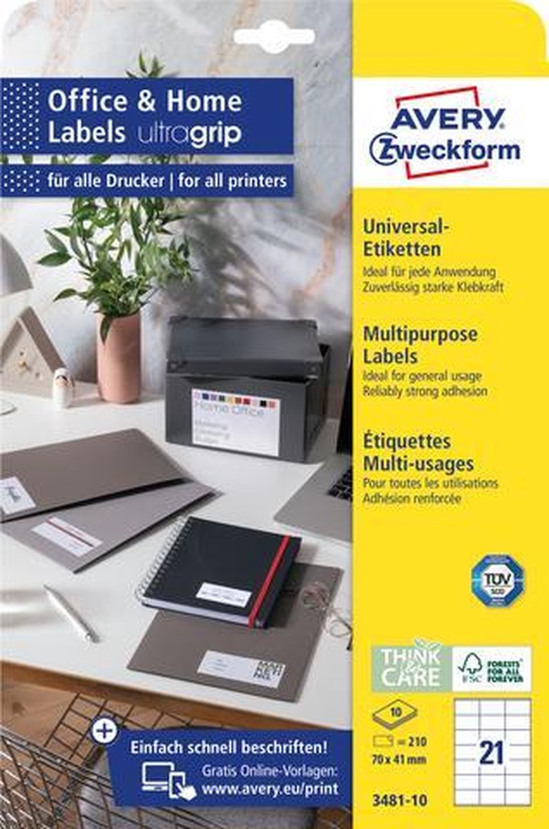 Avery zelfklevende etiketten 70 x 41 mm wit 21 stuks