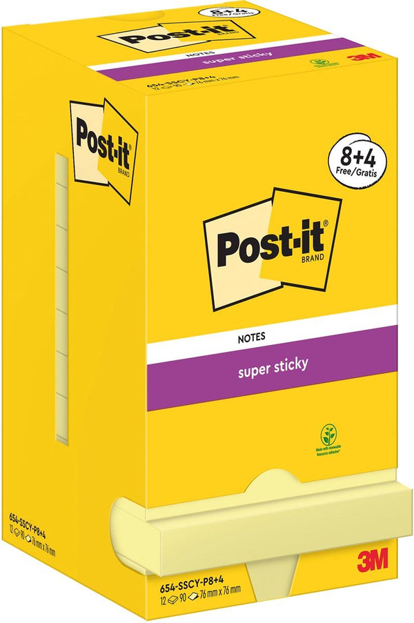Post-it super sticky notes 654-sscy-p8+4 76x76 mm effen geel