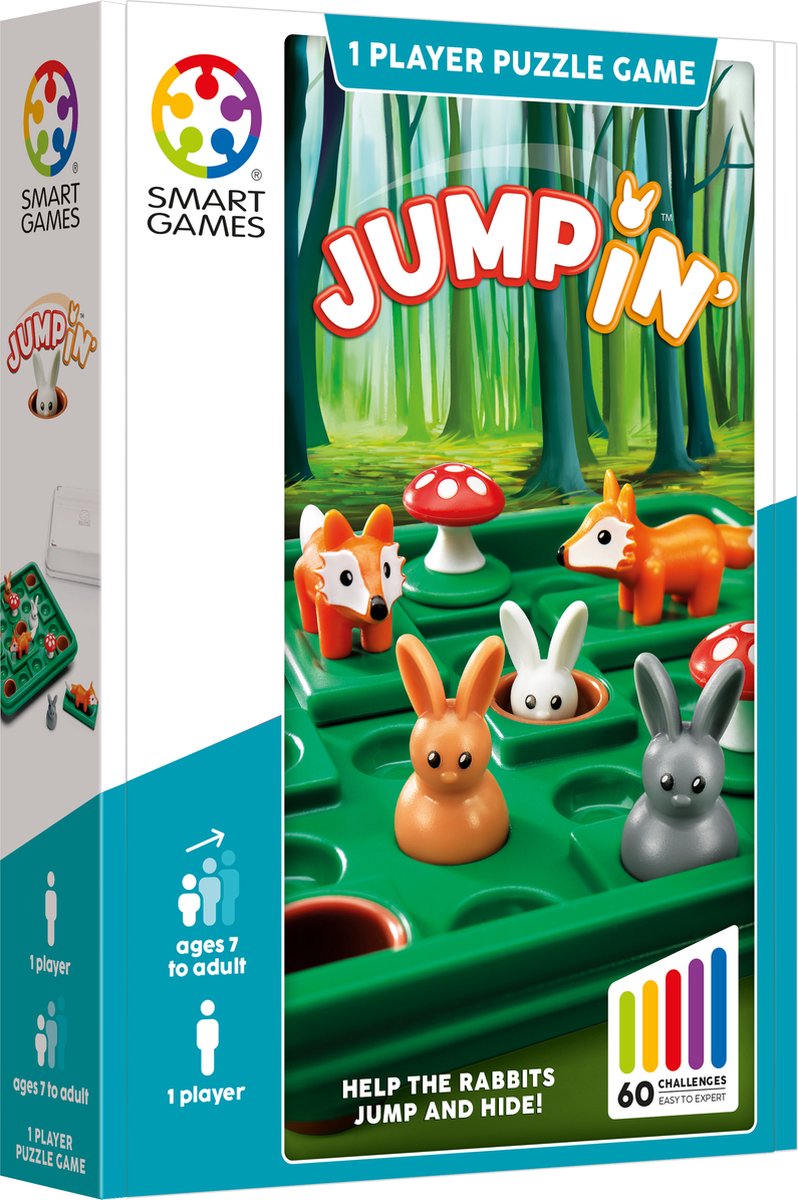 Smartgames jump in' - logisch denkspel - 60 uitdagingen - compact reisspel solospel - vanaf 7 jaar - konijnen, vossen - herfst in het bos