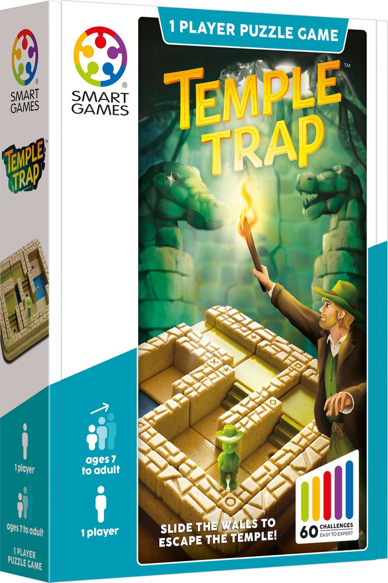 Smartgames temple trap - compact denkspel - 60 uitdagingen - labyrint - reisspel solospel - vanaf 7 jaar - doolhof - schuifpuzzel