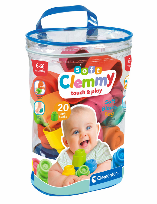 Clementoni 20x soft clemmy stapelblokken - baby speelgoed blokken - zachte foam speelblokken - sensorisch speelgoed voor 6 - 36 maanden