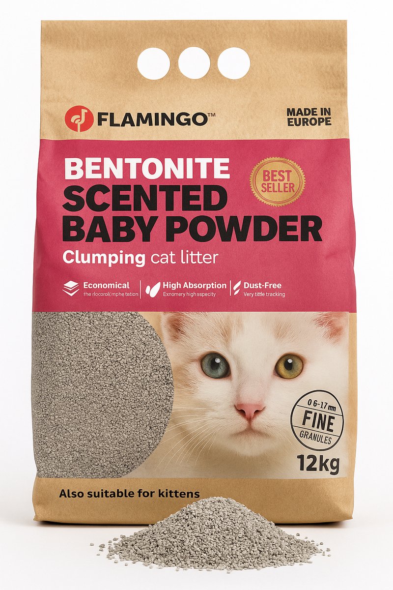 Flamingo kattenbakvulling klontvormend babypoeder – kattebakvulling fijne bentoniet – kattenbak vulling stofvrij geurvrij – 12l (12 kg) voor 10 weken – uit europa