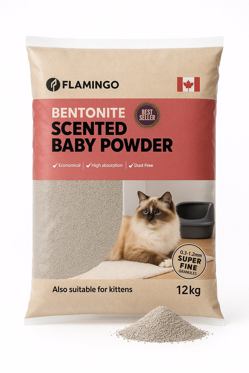 Flamingo kattenbakvulling bentoniet met babypoeder – 12 kg - super absorberend, stofarm, heerlijke babypoedergeur, ook geschikt voor kittens – uit canada