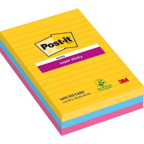 Super sticky notes post-it 101x152 mm geel blauw roze