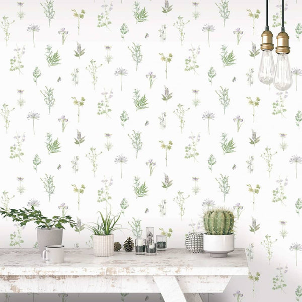 Noordwand behang evergreen herbs and flowers wit