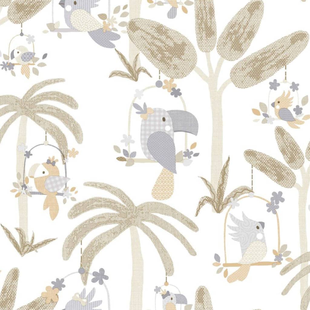 Noordwand behang mondo baby dieren vogels bomen wit en beige