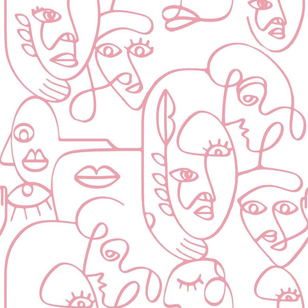Noordwand behang vrienden koffie line art gezichten wit en roze