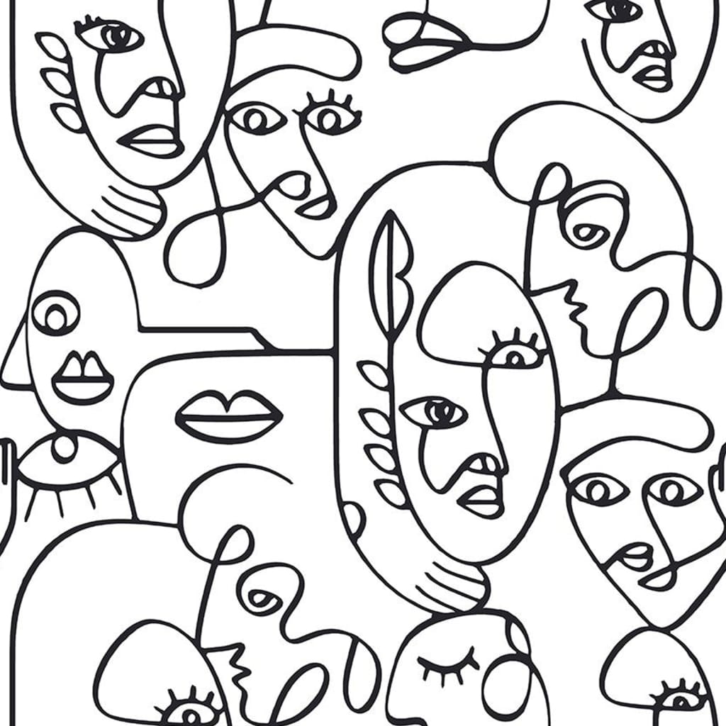 Noordwand Noordwand Behang Friends Coffee Line Art Faces wit en zwart