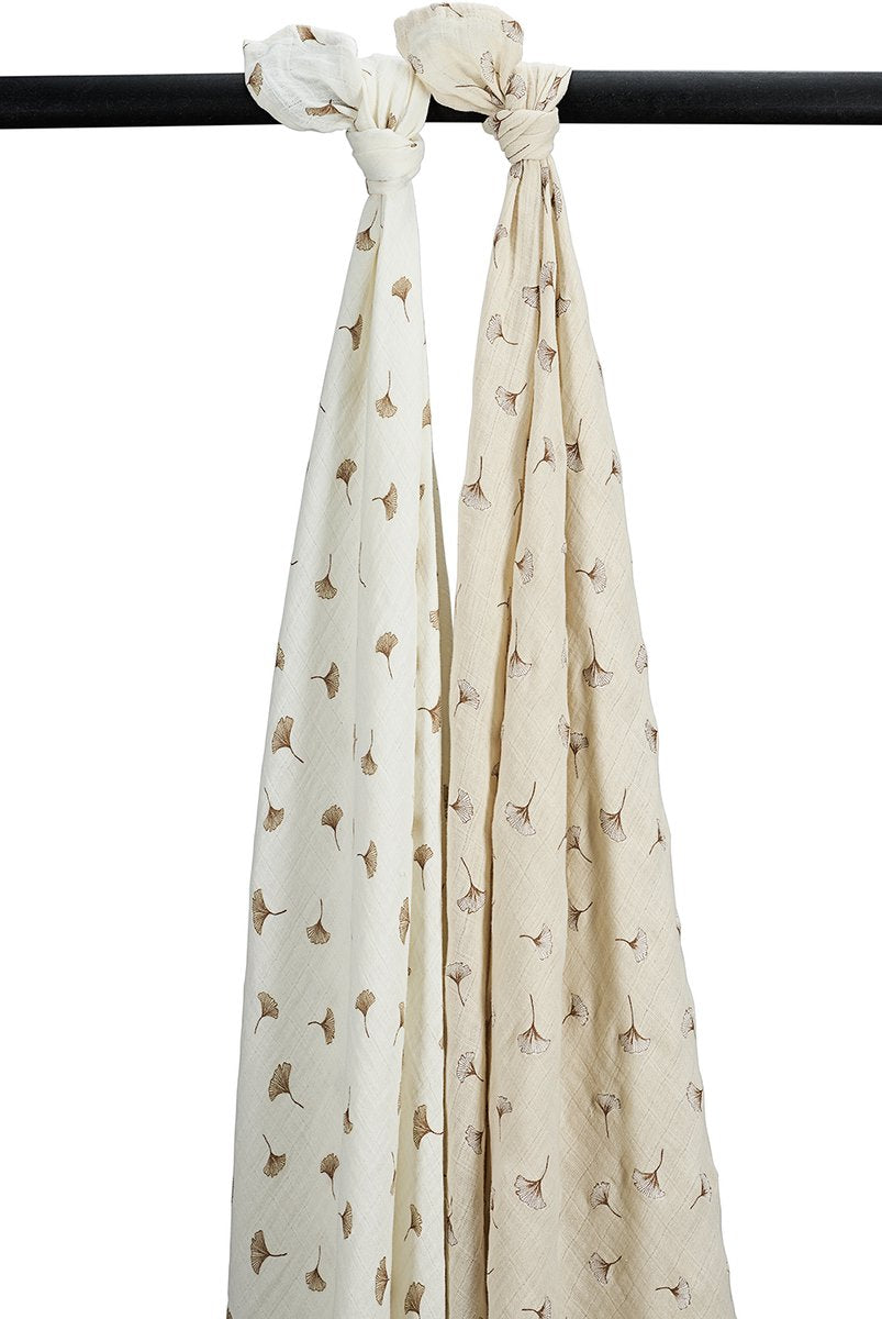 Meyco baby ginkgo swaddle - 2-pack - pre-washed hydrofiel - offwhite soft sand - 120x120cm