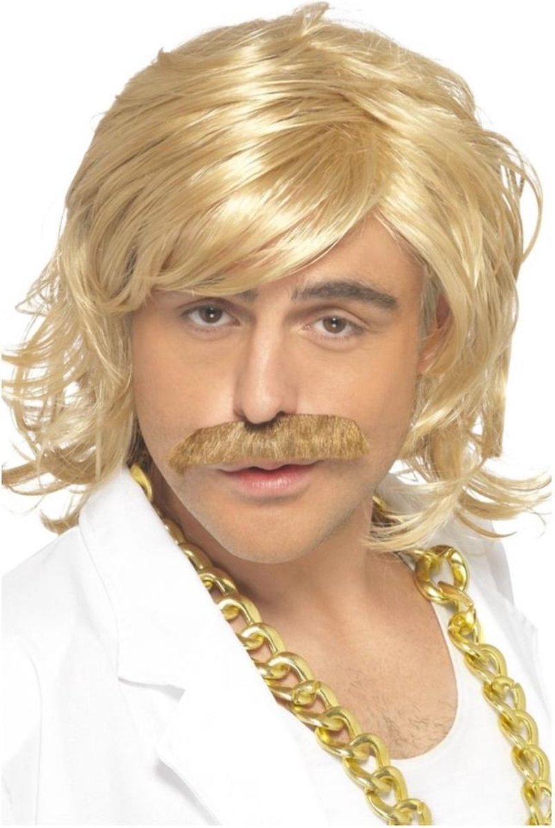 Smiffys carnaval verkleed pruik voor heren - sjonnie duitser - met matje en snor - blond - jaren 80 eighties