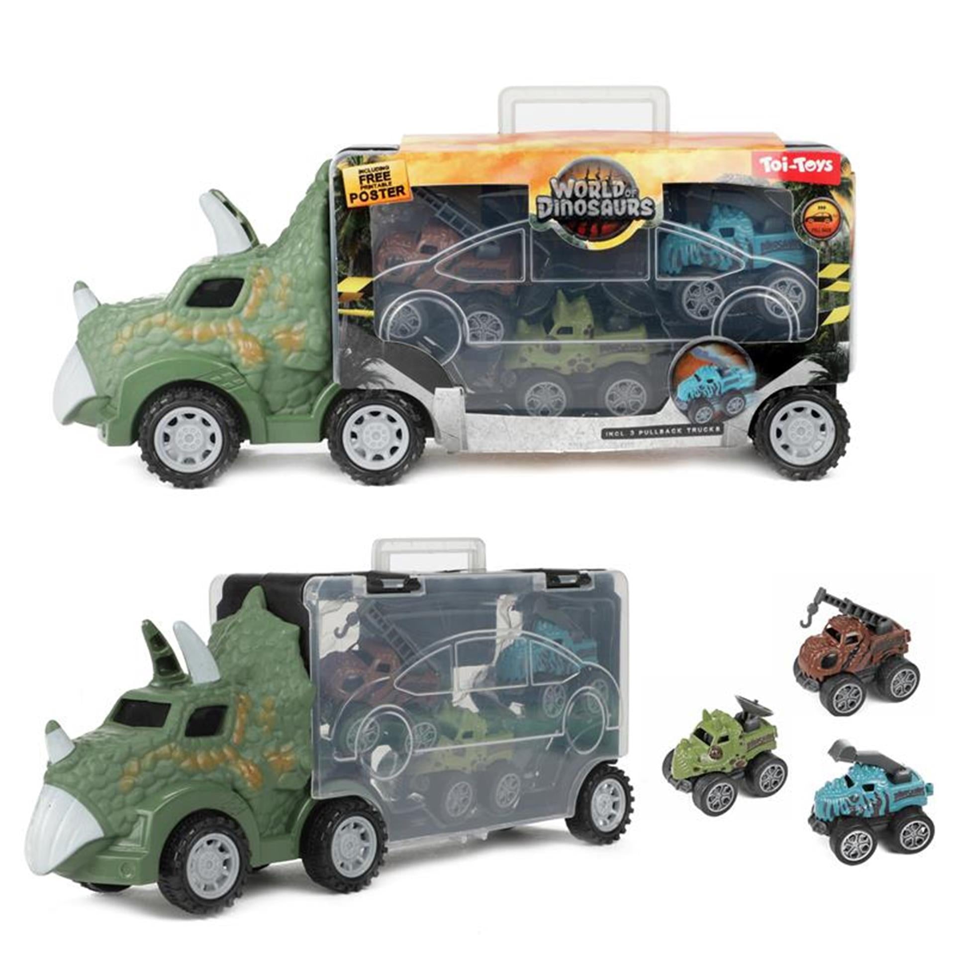World of Dinosaurs Dinotruck met 3 Pull-back Auto's