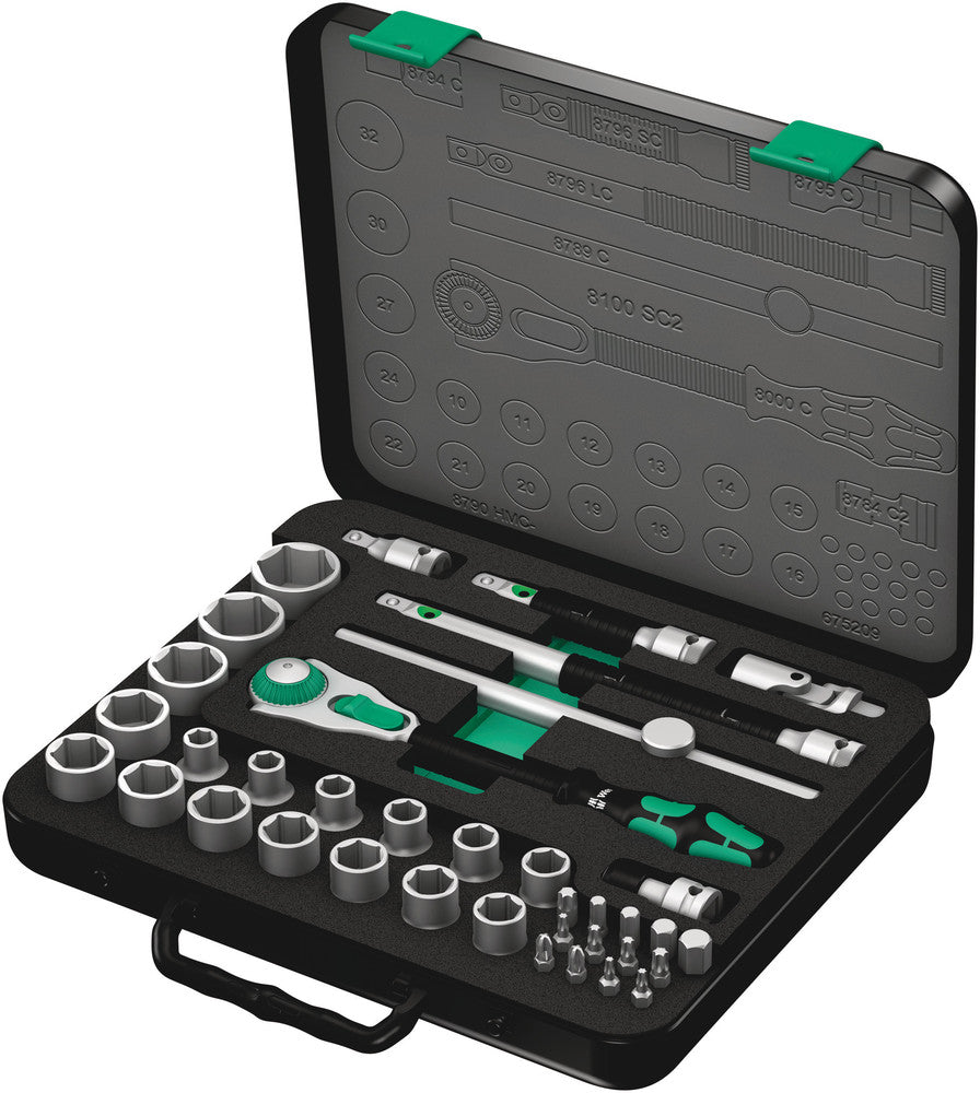 Wera 8100 sc 2 zyklop speed-ratelset, 1 2 , 37‑delig gereedschapsset (zwart groen, snelheidsratel met draaibare kop)