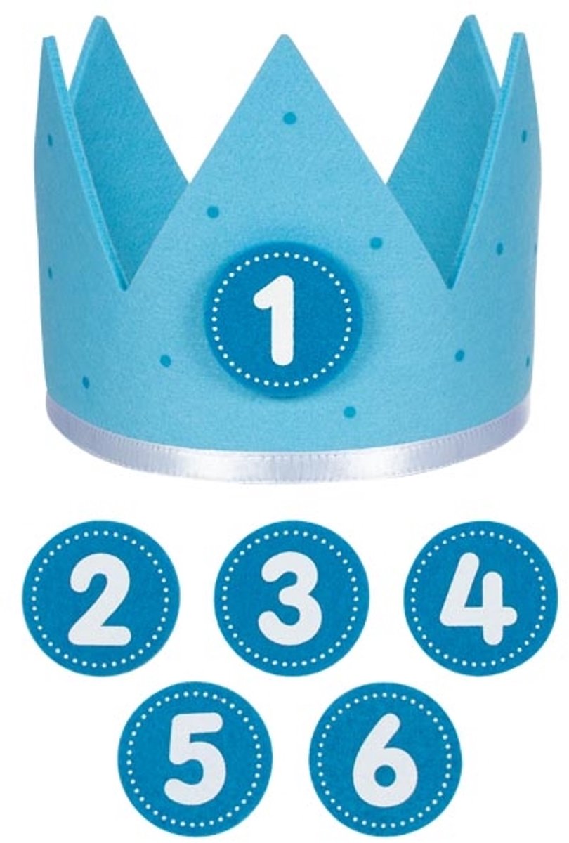 Goki verjaardagskroon blauw l59,5cm, met verwisselbare cijfers 1-6, vilt, 1+