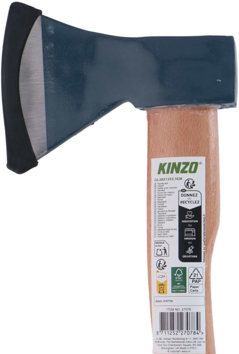 Kinzo handbijl 38x15x2,5 cm - bijl met fsc-houten steel en stalen kop - kleine bijl voor tuin, kamperen en houtbewerking - fsc hout en gerecycled karton