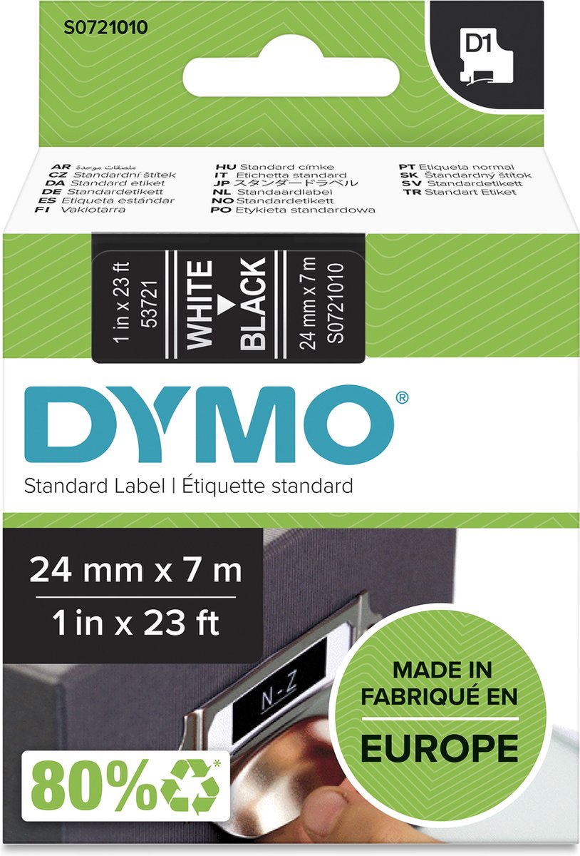 Dymo originele d1 labels | witte tekst op zwart label | 24 mm x 7 m | zelfklevende etiketten voor de labelmanager labelprinter | gemaakt in europa