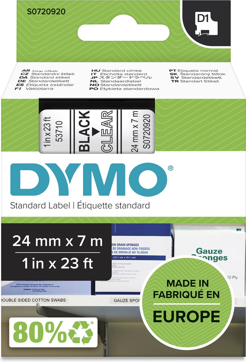 Dymo originele d1 labels | zwarte tekst op doorzichtig label | 24 mm x 7 m | zelfklevende etiketten voor de labelmanager labelprinter | gemaakt in europa