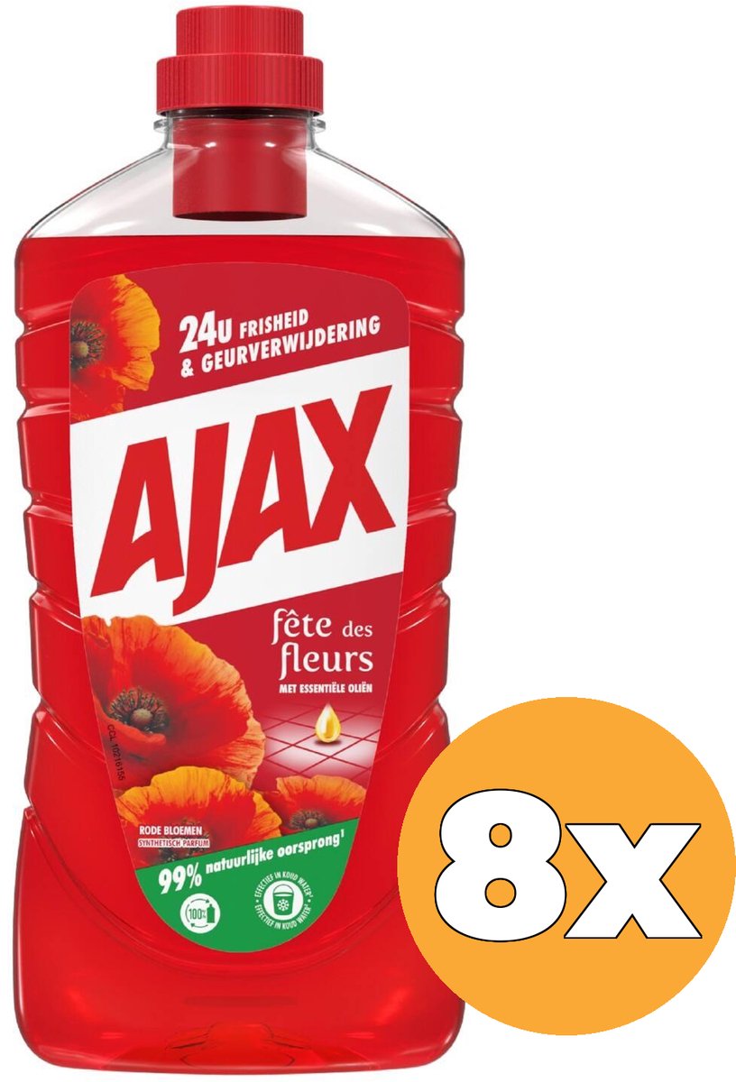 Ajax allesreiniger fête des fleur rode bloem - 8 x 1l - multi-oppervlakken allesreiniger - voordeelverpakking