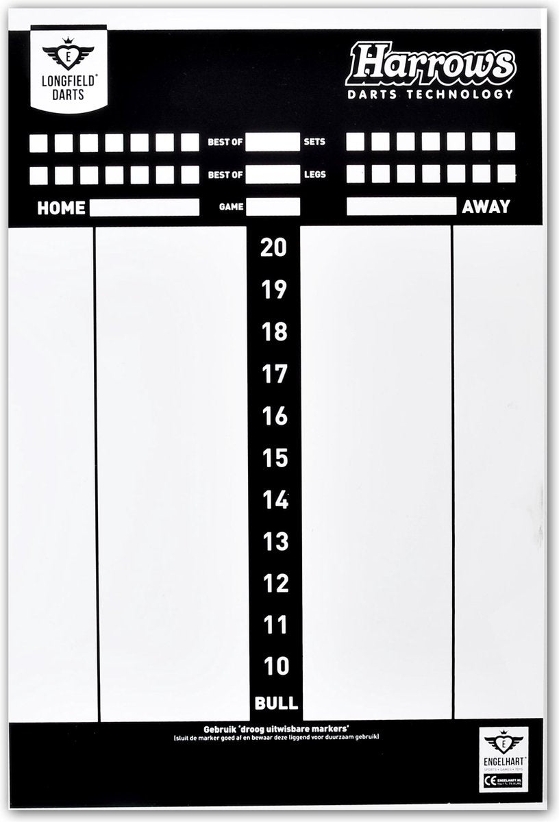 Engelhart dart scorebord pvc 45 x 30 cm – herbruikbaar whiteboard – speltypes scoreverloop – dart accessoire – longfield