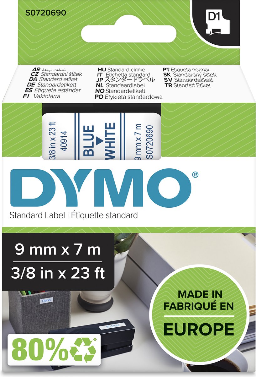 Dymo originele d1 labels | blauwe tekst op wit label | 9 mm x 7 m | zelfklevende etiketten voor de labelmanager labelprinter | gemaakt in europa