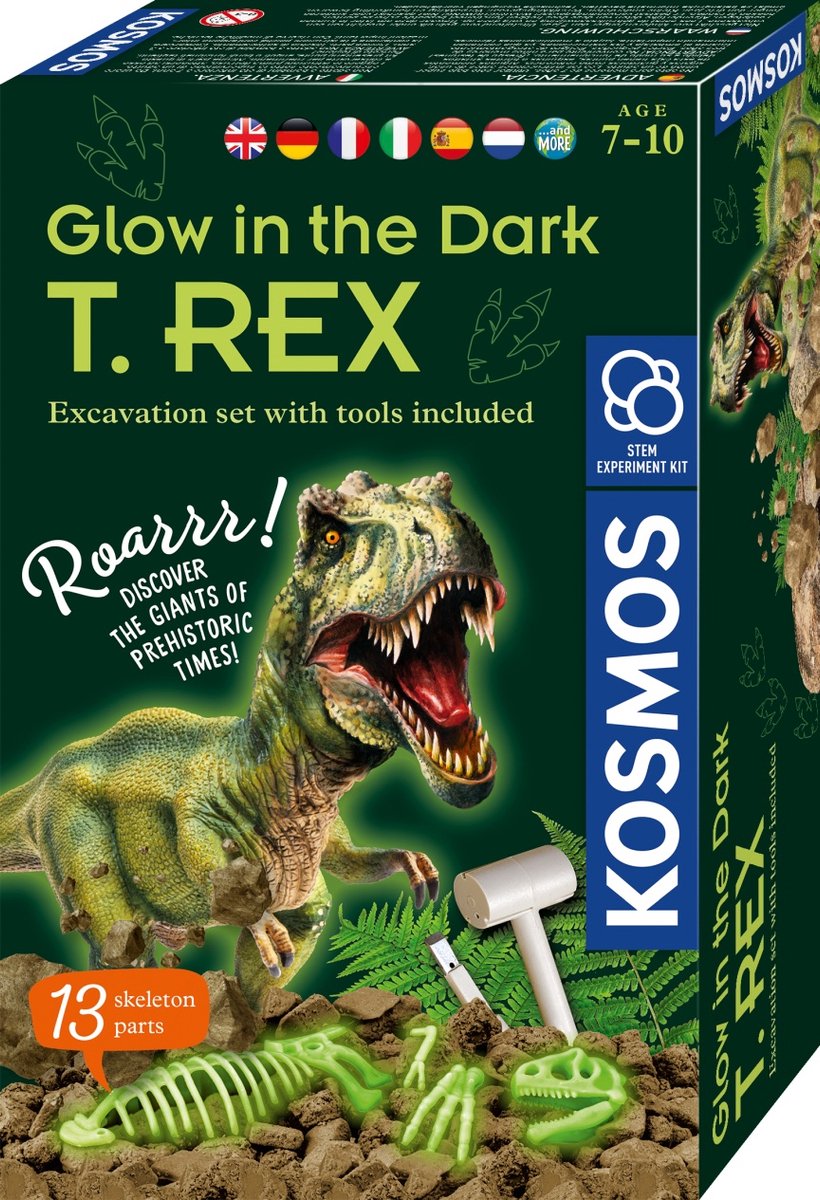 Kosmos dig out t-rex glow in the dark – experimenteerset – graaf een prehistorisch skelet op en laat het oplichten – inclusief 13 botdelen, hamer en beitel – t-rex uitgraven