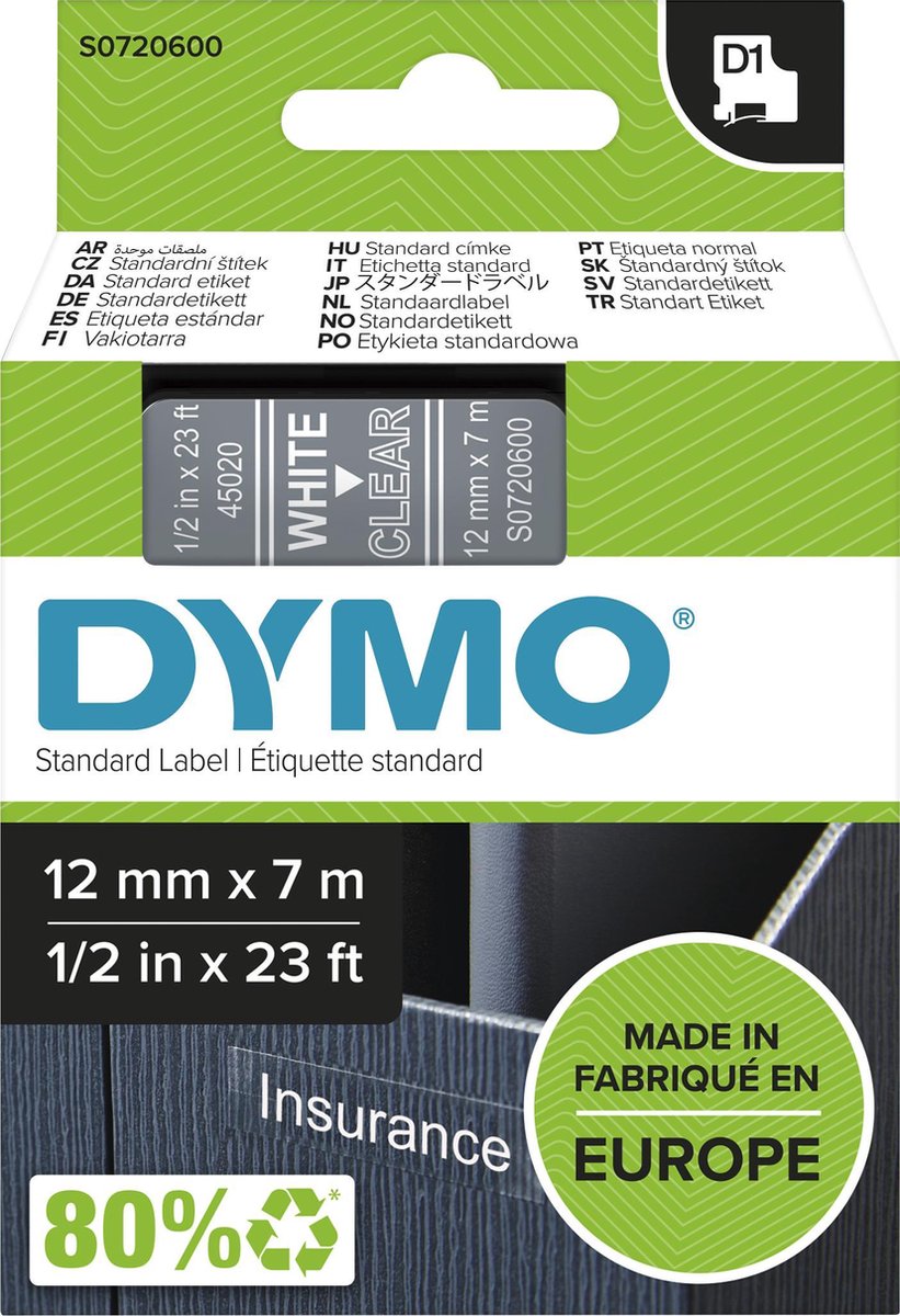 Dymo originele d1 labels | witte tekst op doorzichtig label | 12 mm x 7 m | zelfklevende etiketten voor de labelmanager labelprinter | gemaakt in europa