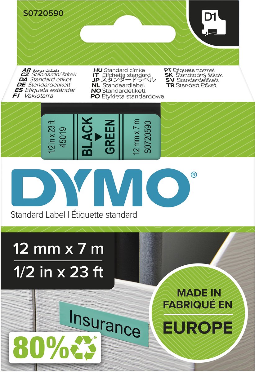Dymo originele d1 labels | zwarte tekst op groen label | 12 mm x 7 m | zelfklevende etiketten voor de labelmanager labelprinter | gemaakt in europa