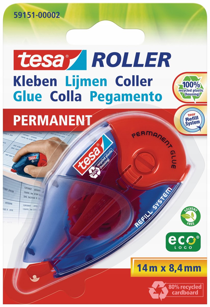 Tesa ecologo serie - milieuvriendelijke kleefroller - 14m x 8,4mm - vervangbare cartridge