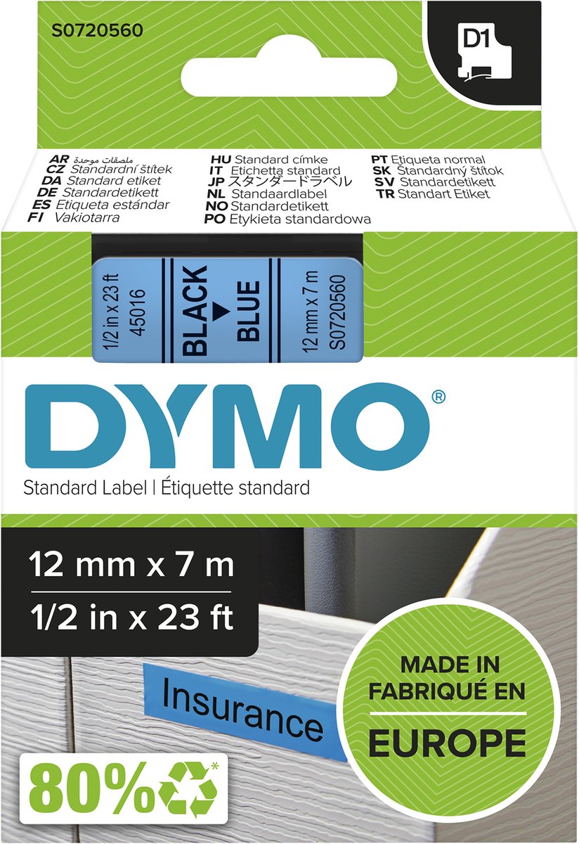 Dymo originele d1 labels | zwarte tekst op blauw label | 12 mm x 7 m | zelfklevende etiketten voor de labelmanager labelprinter | gemaakt in europa