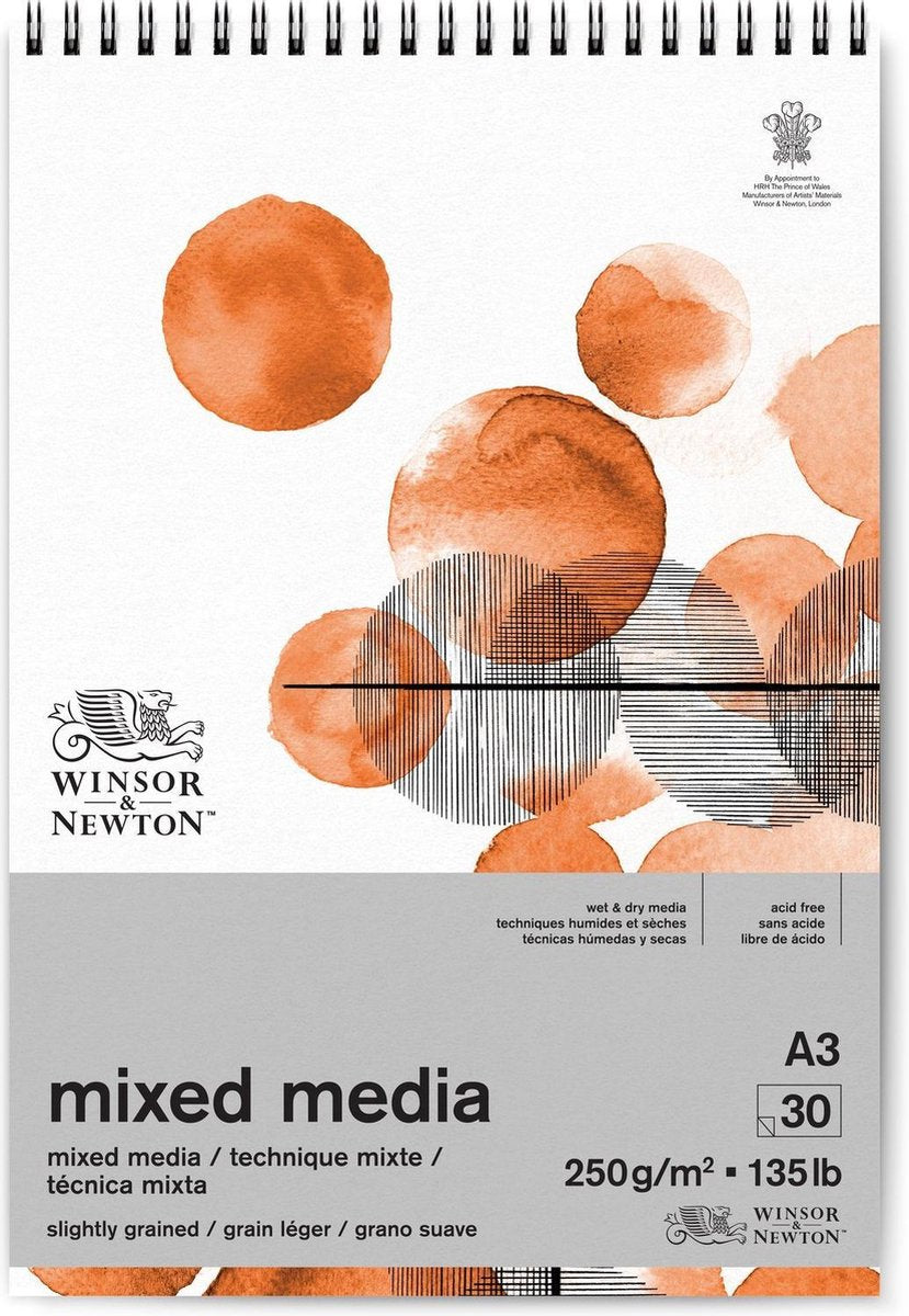 Winsor newton 6694003 mixed media pad – 250 g m², 30 vellen a3, spiraalbinding, voor olieverf, acrylverf en aquarel - mixed media blok
