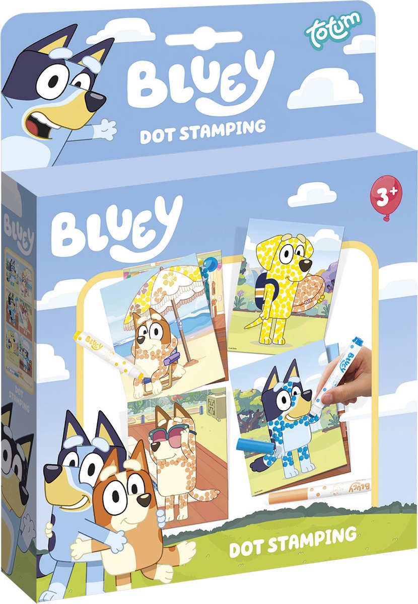Totum bluey stempelkunst en kleurkaarten - creatief speelgoed vanaf 3 jaar - dot stamping stiften incl. sjablonen - leren stempelen en kleuren knutselen