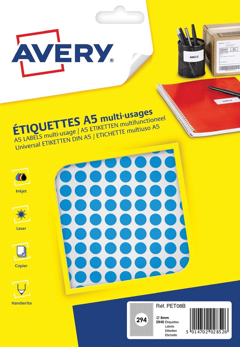 Avery etiket a5 8mm rond blister 2940st blauw