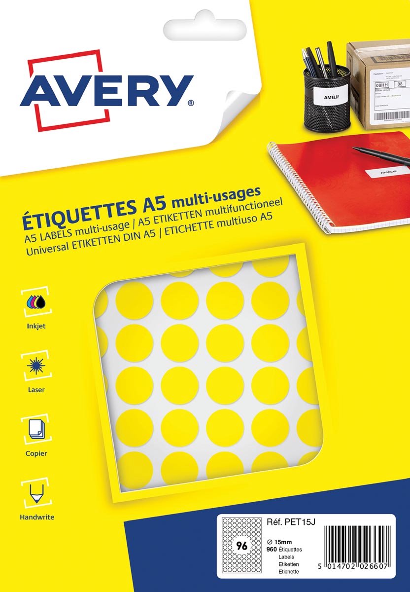 Avery etiket a5 15mm rond blister 168st geel