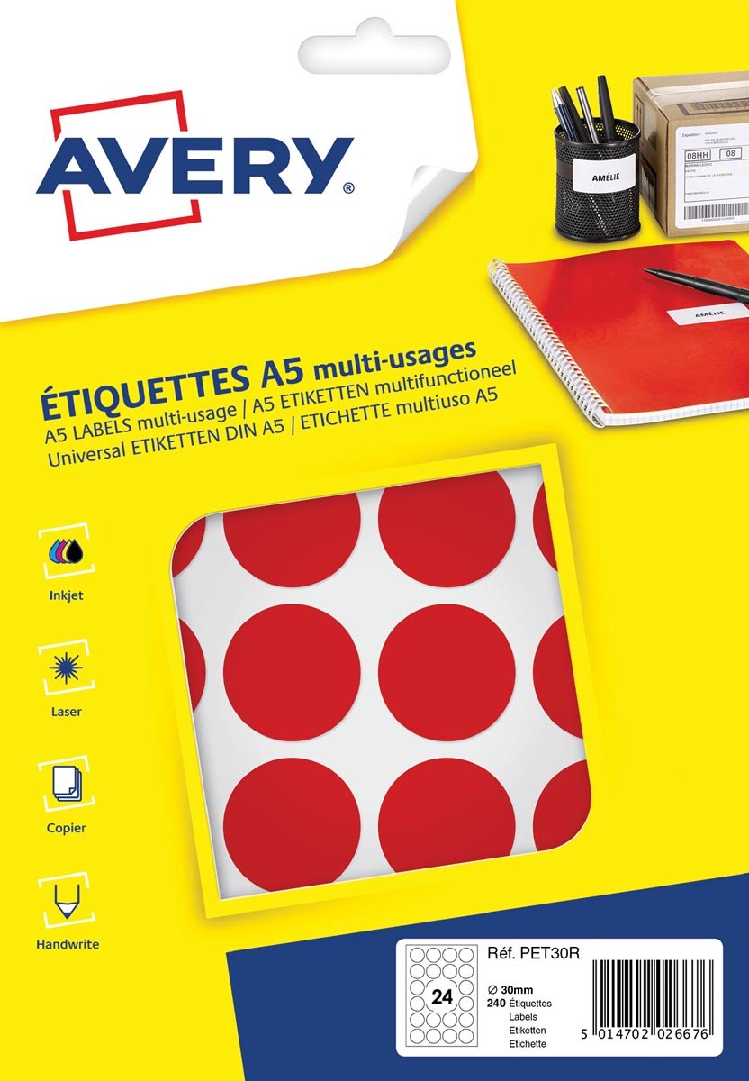 Avery etiket a5 30mm rond blister 240st rood
