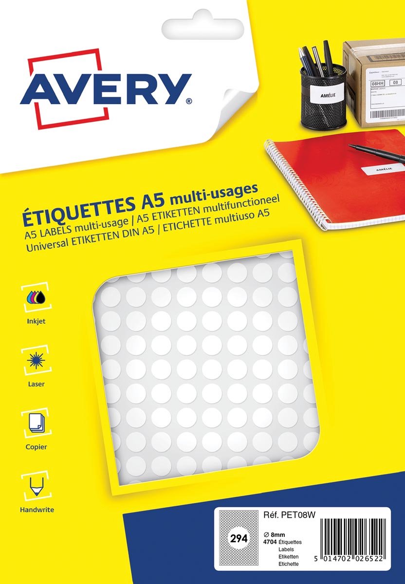 Avery etiket a5 8mm rond blister 2940st wit