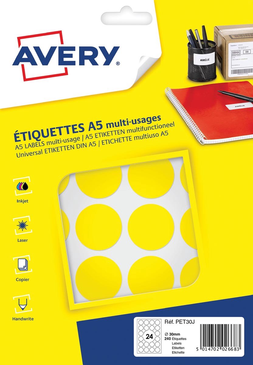 Avery etiketten rond 30 mm papier geel 240 stuks
