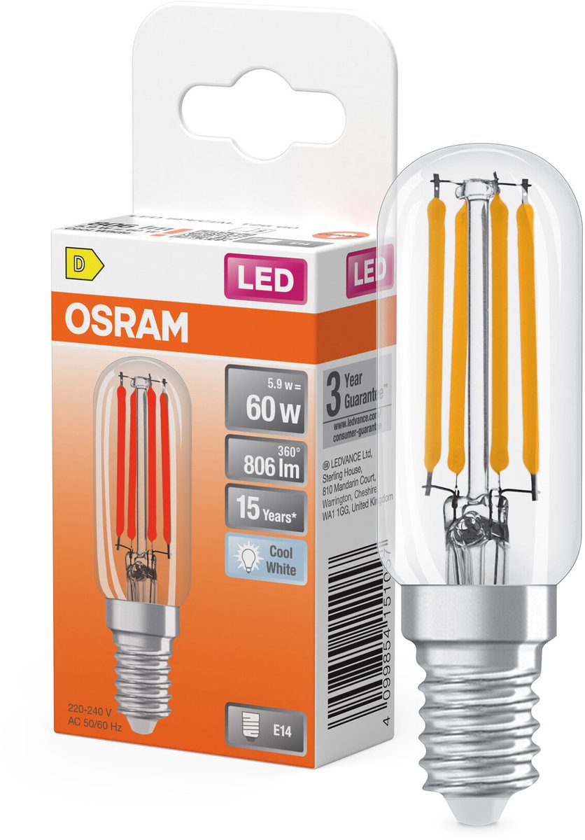 Osram special t26 fil 55 kleine led lamp met e14 fitting, slanke vorm, 4,9w, 730lm, 4000k, koud wit licht, goede allround lichtopbrengst, lange levensduur, 3 jaar garantie